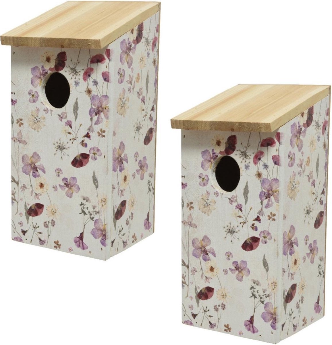 2x stuks vurenhouten vogelhuisjes/nestkastjes met bloemen print 12 x 13,5 x 26 cm - Vogelhuisjes tuindecoraties