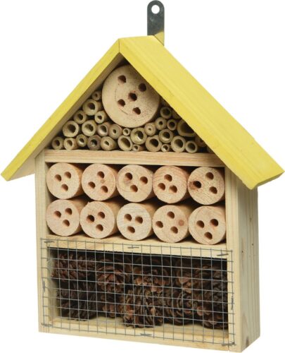 Geel vlinderhuis/bijenhuis/wespenhotel voor insecten 29 cm - Tuindecoratie - Diervriendelijk - Hotel/huisje voor insecten - Bijenhuis/vlinderhuis/lieveheersbeestjehuis