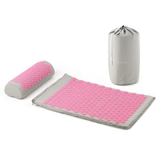 Navaris acupressuurmat met kussen - Spijkermat - Voor rug, nek, schouders, spieren en ontspanning - Inclusief draagtas - Grijs/Roze