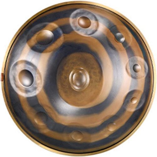 Handpan | 52 cm | 10 Tonen | D-Mineur | Inclusief Draagtas & Luxe Standaard | Spiraal design | Nitrated Steel | Stalen Goudkleurige Rand