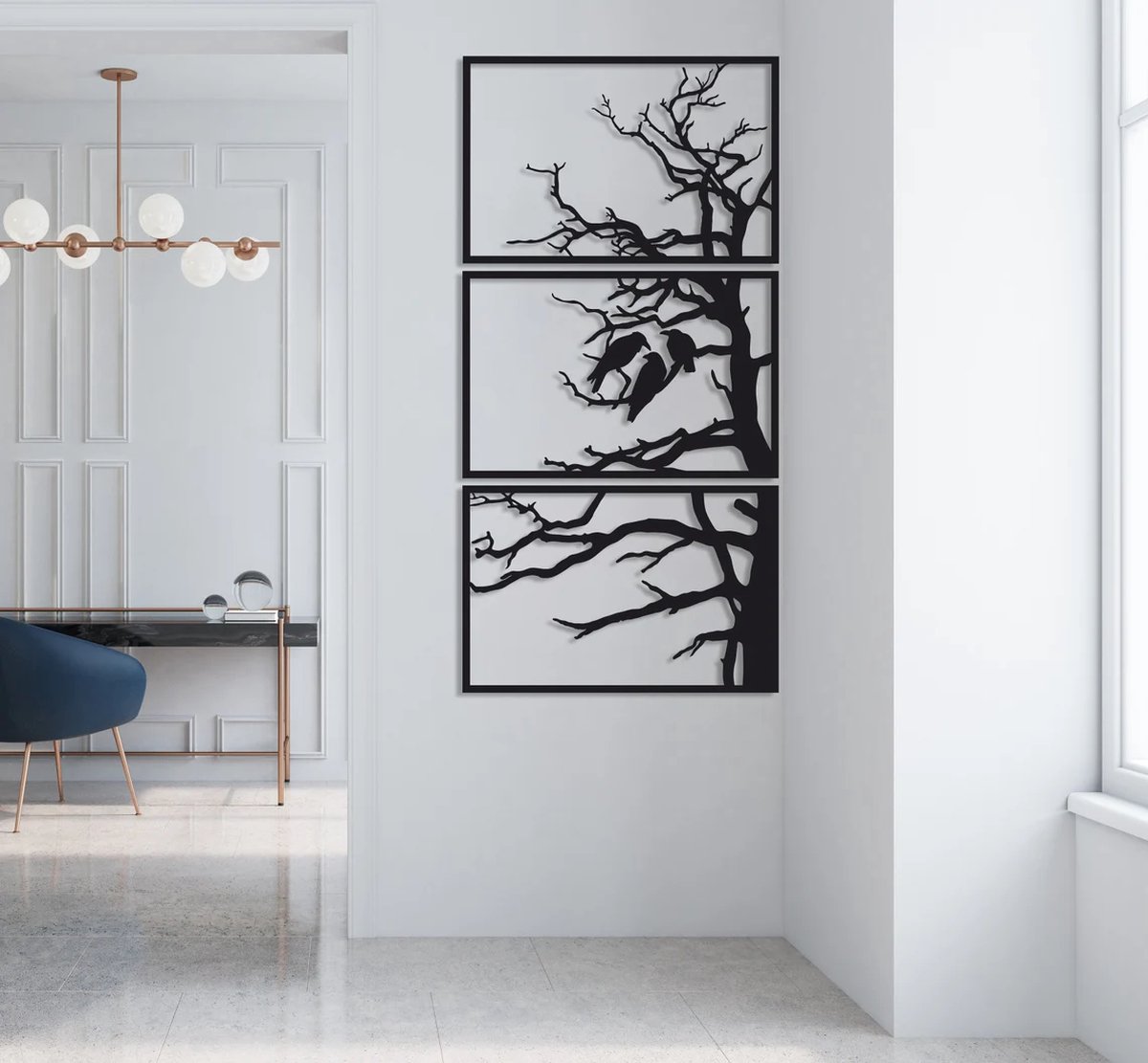 Prachtige metalen 3 panelen boom wanddecoratie met 3D effect! 100 x 50 cm Zwart
