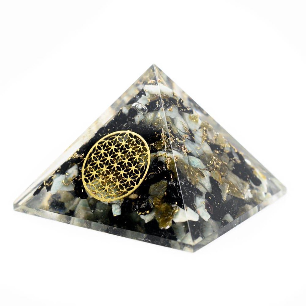 Orgonite Piramide van Chrysocolla – Flower of Life (40 mm)