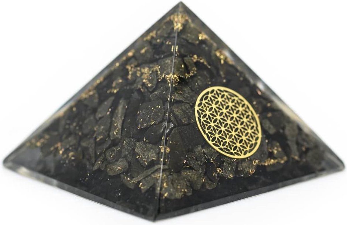 Orgonite Piramide van Pyriet met Flower of Life (70 mm)