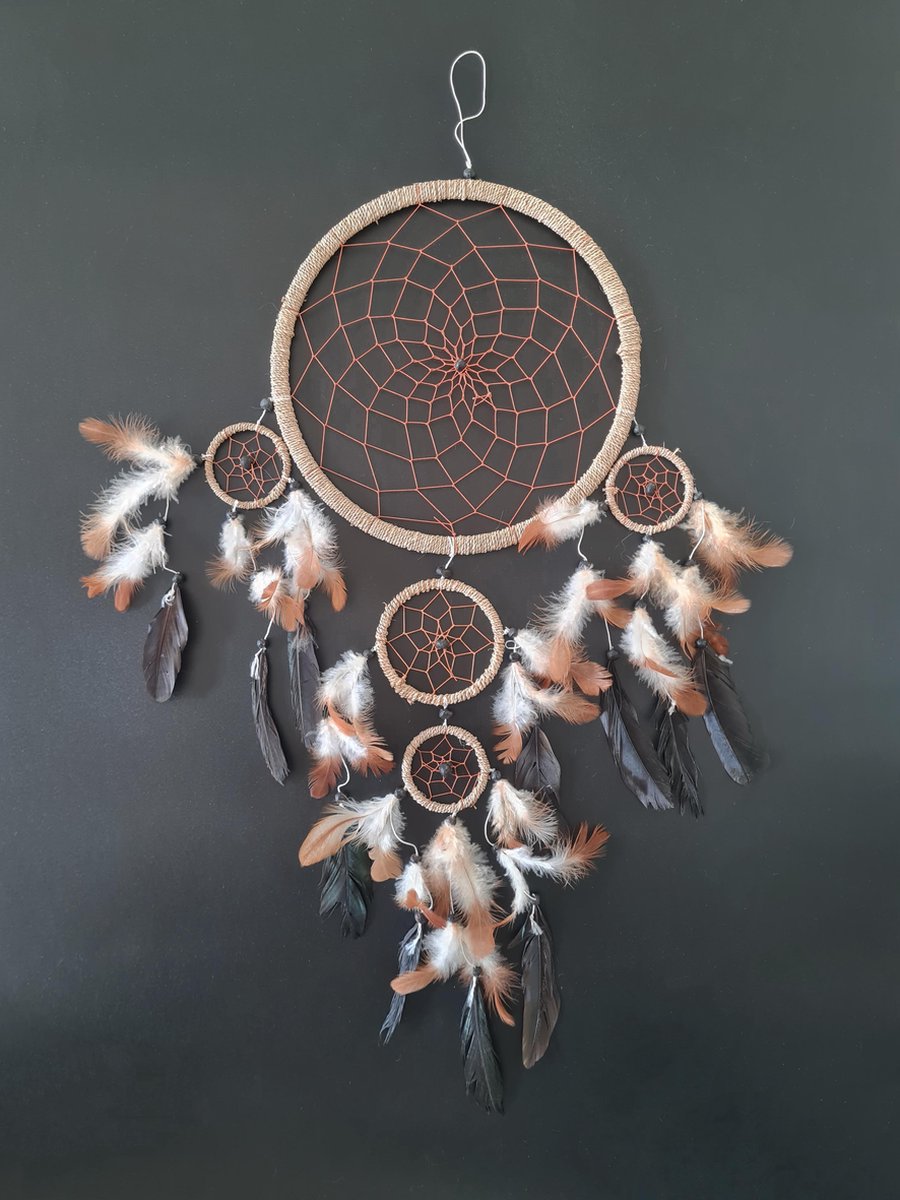 Dromenvanger Indian Legend - 27cm X 60cm - Indiaanse Stijl Dromenvanger - Dreamcatcher - Handgemaakt - Wit - Bruin - Zwart - Veren - Wanddecoratie - Muurdecoratie - Slaapkamer