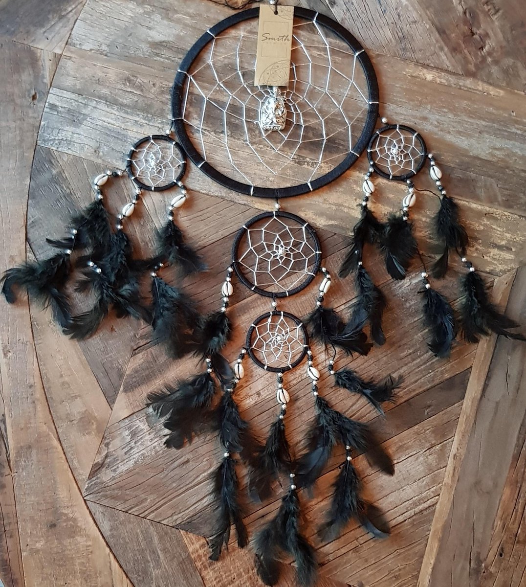 Dromenvanger Ganesha Dream - 22cm - Handgemaakt op Bali - Met Kauri schelpen - Zwart en Zilver - Veren - Dreamcatcher - Smith Premium®