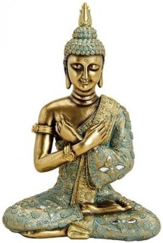 Boeddha beeldje - goud/groen - tuin en woondecoratie - 33 cm voor - binnen en buiten - zittend meditatie beeld - woonaccessoires