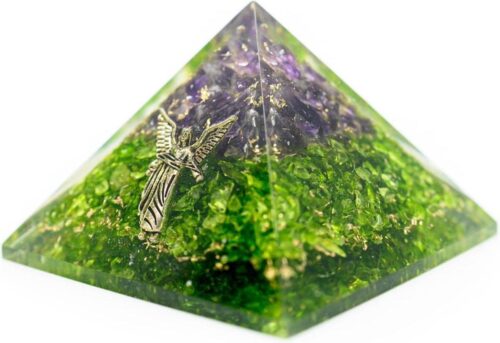 Orgonite Piramide van Amethist en Peridoot met Aartsengel Raphaël (40 mm)